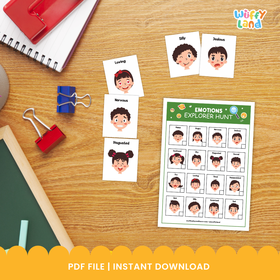 Printable activity set titled “Emotions Explorer Hunt” displayed on a wooden background. The set includes two colorful emotion charts (red and green versions) featuring cartoon faces showing different feelings such as happy, sad, angry, surprised, and nervous. Around the charts are individual emotion cards labeled with words like Jealous, Loving, Silly, and Confused. Designed to help children identify and talk about emotions through playful exploration.