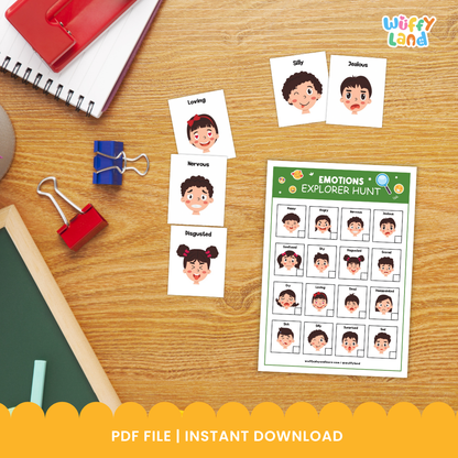 Printable activity set titled “Emotions Explorer Hunt” displayed on a wooden background. The set includes two colorful emotion charts (red and green versions) featuring cartoon faces showing different feelings such as happy, sad, angry, surprised, and nervous. Around the charts are individual emotion cards labeled with words like Jealous, Loving, Silly, and Confused. Designed to help children identify and talk about emotions through playful exploration.