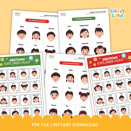 Printable activity set titled “Emotions Explorer Hunt” displayed on a wooden background. The set includes two colorful emotion charts (red and green versions) featuring cartoon faces showing different feelings such as happy, sad, angry, surprised, and nervous. Around the charts are individual emotion cards labeled with words like Jealous, Loving, Silly, and Confused. Designed to help children identify and talk about emotions through playful exploration.