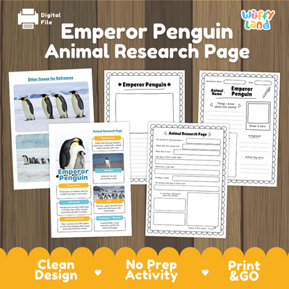 Digital product preview for an 'Emperor Penguin Animal Research Page' by Wiffly Land, showing several printable worksheet pages laid out on a wood background with promotional text at the bottom.