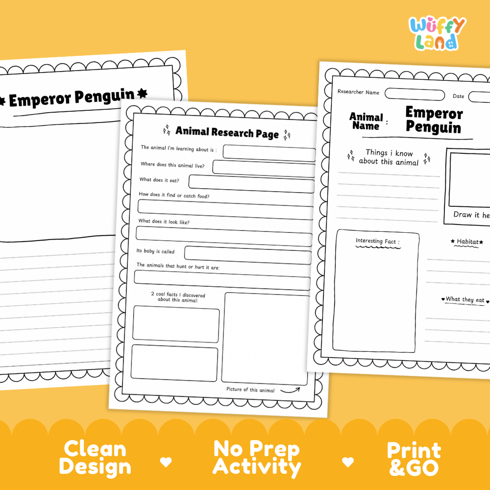 Three printable worksheet pages for an Emperor Penguin animal research activity, shown on a bright yellow background with marketing text reading 'Clean Design', 'No Prep Activity', and 'Print & GO'. The pages are white with black text and border lines, and the Wiffly Land logo appears in the top right.