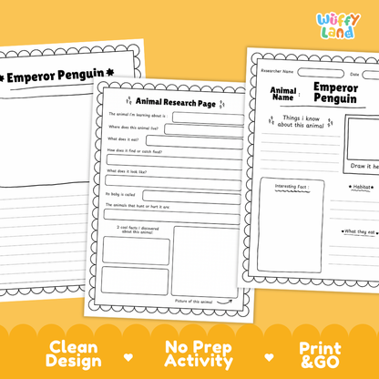 Three printable worksheet pages for an Emperor Penguin animal research activity, shown on a bright yellow background with marketing text reading 'Clean Design', 'No Prep Activity', and 'Print & GO'. The pages are white with black text and border lines, and the Wiffly Land logo appears in the top right.