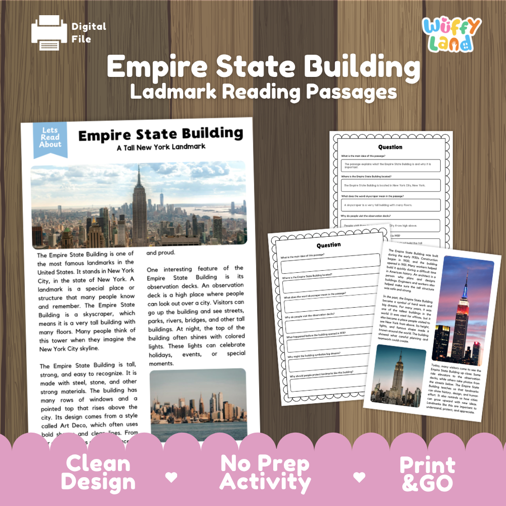 Digital reading activity sheet set about the Empire State Building, shown as a printable product on a wood background. The design includes a title banner, sample text passages, comprehension questions, and a colorful 'Wiffly Land' logo.