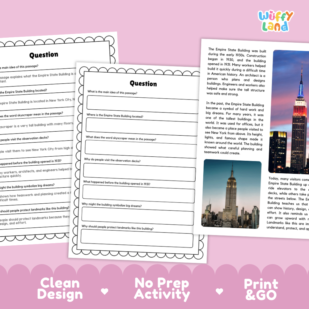 Three printable worksheet pages for a history activity about the Empire State Building, shown on a pink background with the text 'Clean Design', 'No Prep Activity', and 'Print & Go'. The pages include a title, a question section, and a short text passage with a small building photo.