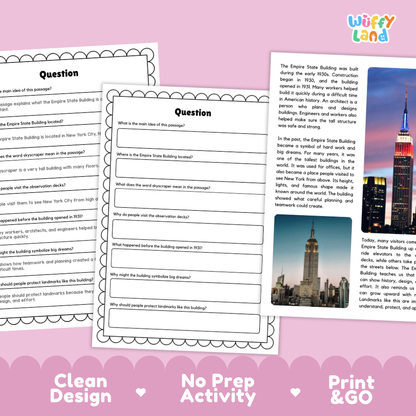 Three printable worksheet pages for a history activity about the Empire State Building, shown on a pink background with the text 'Clean Design', 'No Prep Activity', and 'Print & Go'. The pages include a title, a question section, and a short text passage with a small building photo.