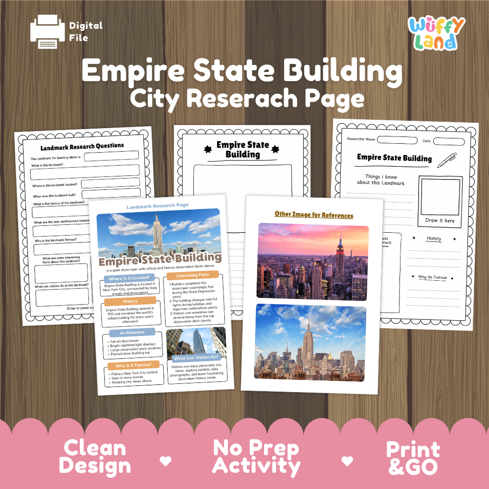 A digital file preview for a 'Empire State Building City Research Page' activity sheet set, shown on a wood plank background with a pink banner at the bottom. The pages include research question prompts, a map outline, a building facts layout, and image reference pages.