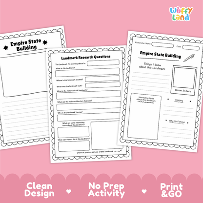 Three printable worksheet pages about the Empire State Building are shown on a pink background. The pages have black outlines and blank writing areas, with the Wiffy Land logo in the top right corner and marketing text along the bottom: 'Clean Design', 'No Prep Activity', and 'Print & GO'.