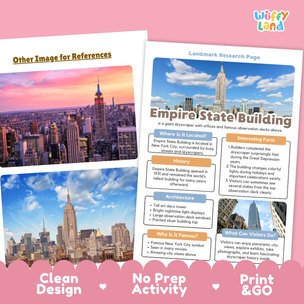 Two educational travel posters about the Empire State Building are displayed on a pink background. The left poster has a cityscape photo and the title 'Other Image for References,' while the right poster shows a labeled map and facts about the landmark building.