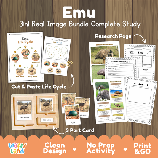 Emu 3-in-1 real image bundle complete study cover showing cut and paste life cycle, 3 part cards, and research pages