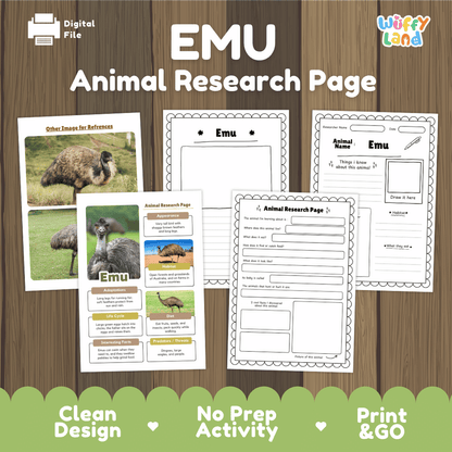 A digital preview of an EMU Animal Research Page activity sheet set by Wiffy Land, displayed on a wood-grain background with green banner accents at the bottom. The set includes a reference page with emu photos, a title page, and three blank worksheet pages for writing and drawing.
