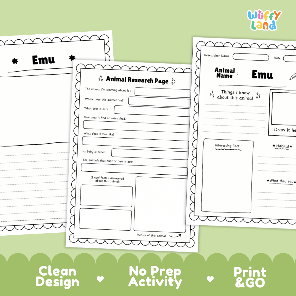 Three printable animal research activity sheets for emus are shown on a light green background with a green decorative footer. The sheets are black and white with fields for animal name, researcher name, date, observations, and drawing space.