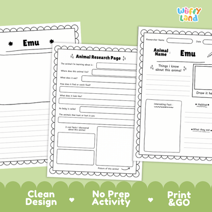 Three printable animal research activity sheets for emus are shown on a light green background with a green decorative footer. The sheets are black and white with fields for animal name, researcher name, date, observations, and drawing space.