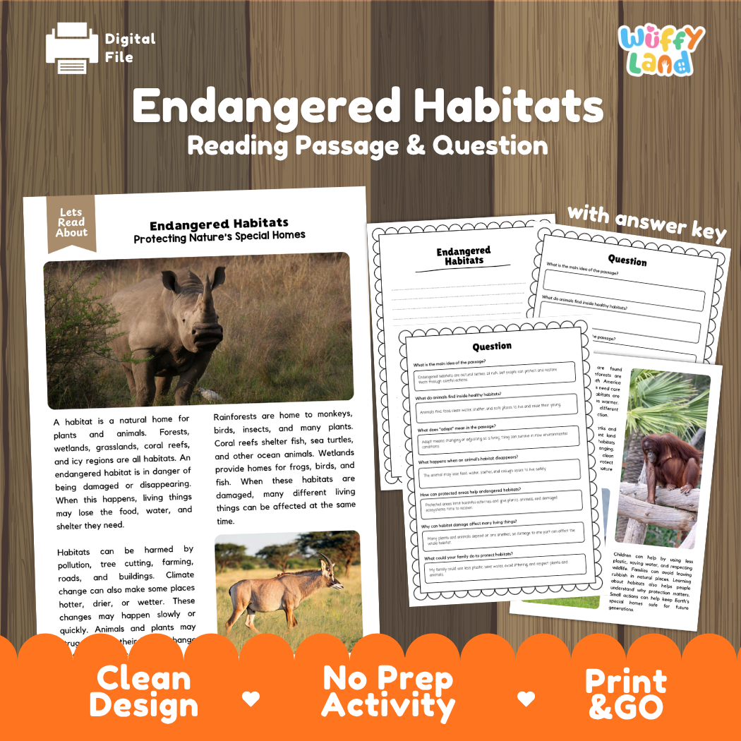 Endangered Habitats reading comprehension passage and questions printable activity pack with answer key for elementary students