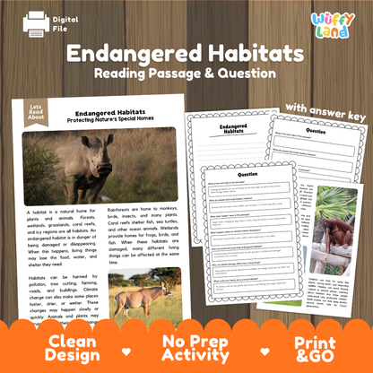 Endangered Habitats reading comprehension passage and questions printable activity pack with answer key for elementary students