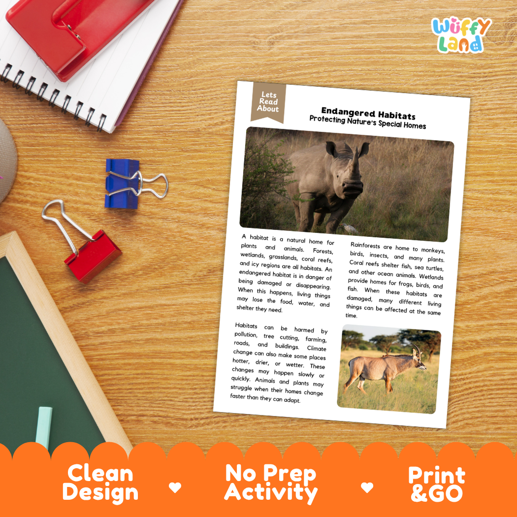 Student reading comprehension worksheet with short-answer questions and lined sections about endangered habitats