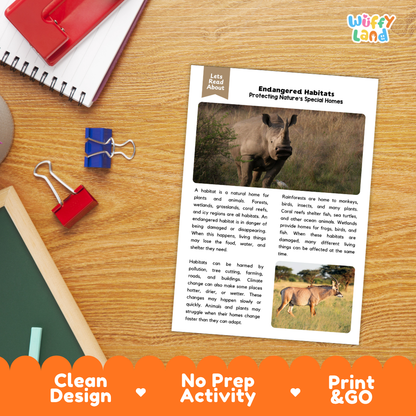 Student reading comprehension worksheet with short-answer questions and lined sections about endangered habitats