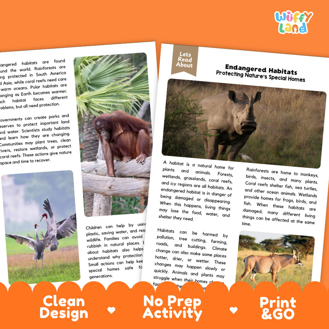 Teacher answer key page showing complete question solutions for Endangered Habitats environmental science reading comprehension practice