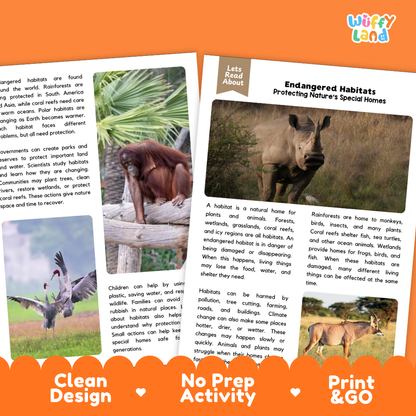 Teacher answer key page showing complete question solutions for Endangered Habitats environmental science reading comprehension practice