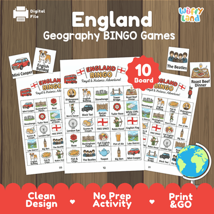 Classroom educational Bingo game cards featuring Mini Cooper, Roast Beef Dinner, The Beatles, and English Bulldog 🎲🚗