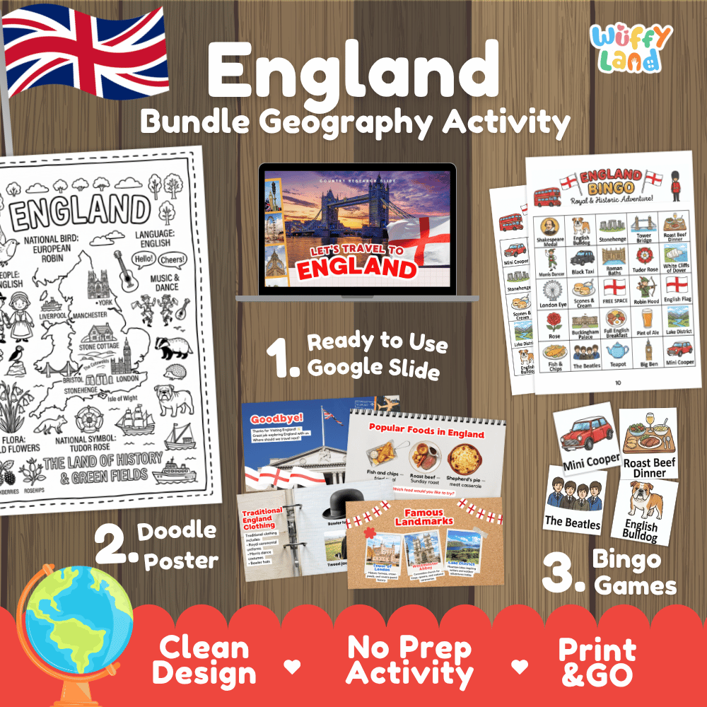 Complete England geography activity bundle featuring Google Slides, doodle coloring poster, and classroom bingo games 🏴󠁧󠁢󠁥󠁮󠁧󠁿🎒