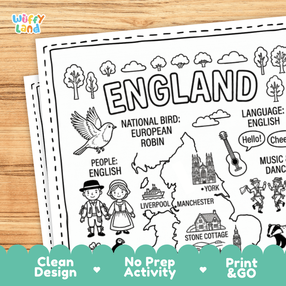 Cultural coloring page featuring traditional English folk costume, sailing ship, folk dance, and greeting speech bubbles