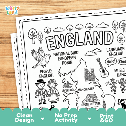 Cultural coloring page featuring traditional English folk costume, sailing ship, folk dance, and greeting speech bubbles