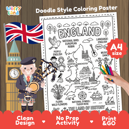 Printable A4 doodle coloring poster highlighting England map, European Robin, Stonehenge, and Tudor Rose 🎨🐦