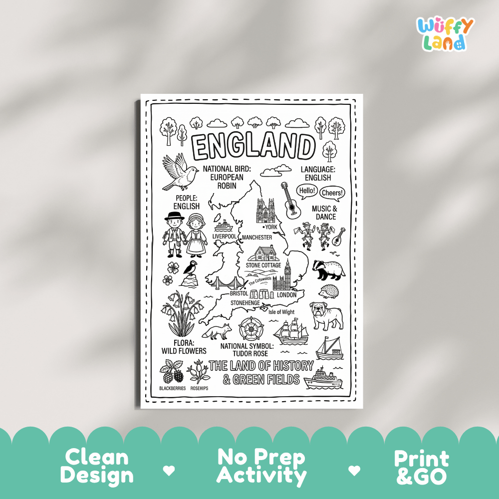 Educational activity coloring page highlighting England's national bird the European Robin, Tudor Rose, and English bulldog