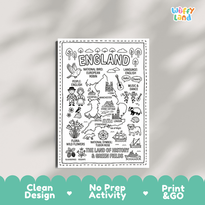 Educational activity coloring page highlighting England's national bird the European Robin, Tudor Rose, and English bulldog