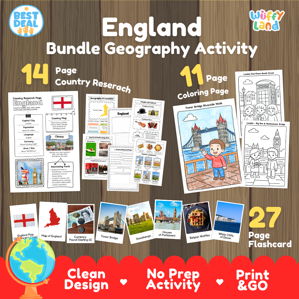 England geography activity bundle cover showing 14 country research pages, 11 coloring pages, and 27 photo flashcards