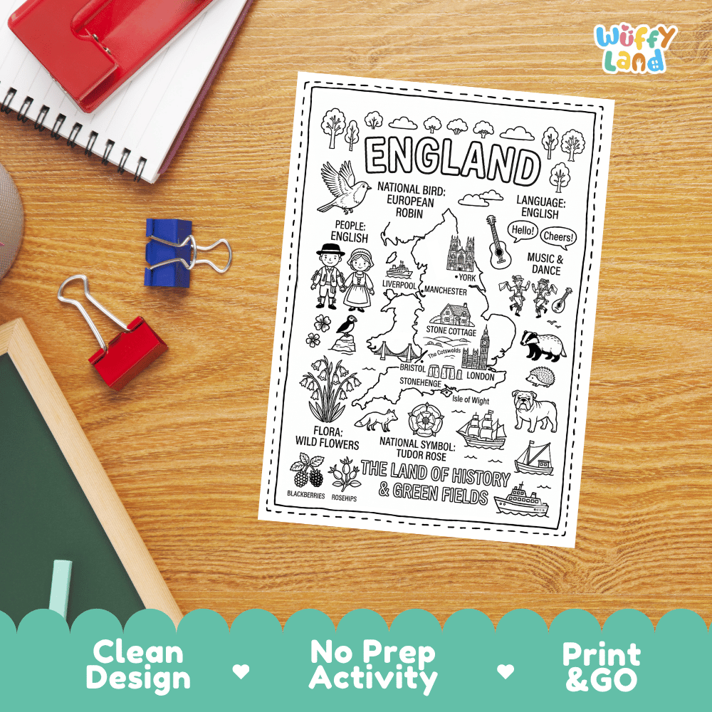 Doodle map coloring sheet showing England's capital London, Stonehenge, York, Manchester, and The Cotswolds
