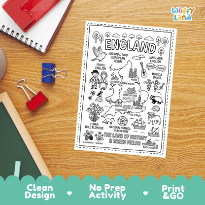 Doodle map coloring sheet showing England's capital London, Stonehenge, York, Manchester, and The Cotswolds