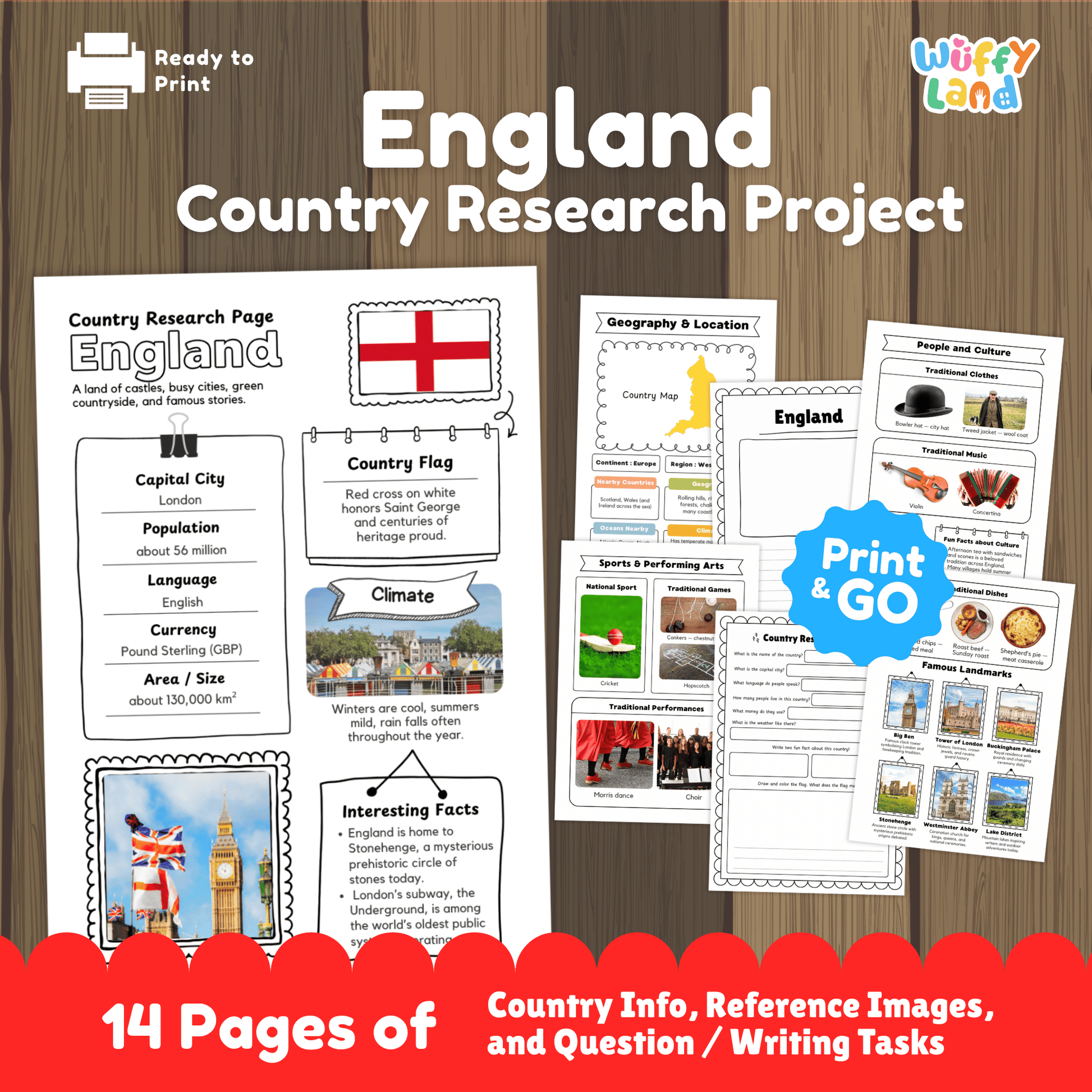 A printable England country research project for students featuring worksheets with key facts such as the capital city, population, language, currency, and climate. The image includes England’s flag, a country map, traditional clothing and music, sports and cultural activities, traditional foods, and famous landmarks designed for classroom learning and educational use.