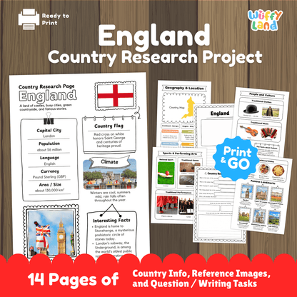 A printable England country research project for students featuring worksheets with key facts such as the capital city, population, language, currency, and climate. The image includes England’s flag, a country map, traditional clothing and music, sports and cultural activities, traditional foods, and famous landmarks designed for classroom learning and educational use.
