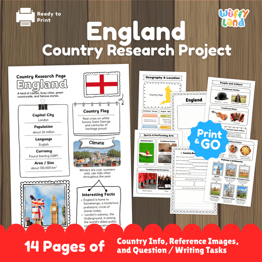 A printable England country research project for students featuring worksheets with key facts such as the capital city, population, language, currency, and climate. The image includes England’s flag, a country map, traditional clothing and music, sports and cultural activities, traditional foods, and famous landmarks designed for classroom learning and educational use.