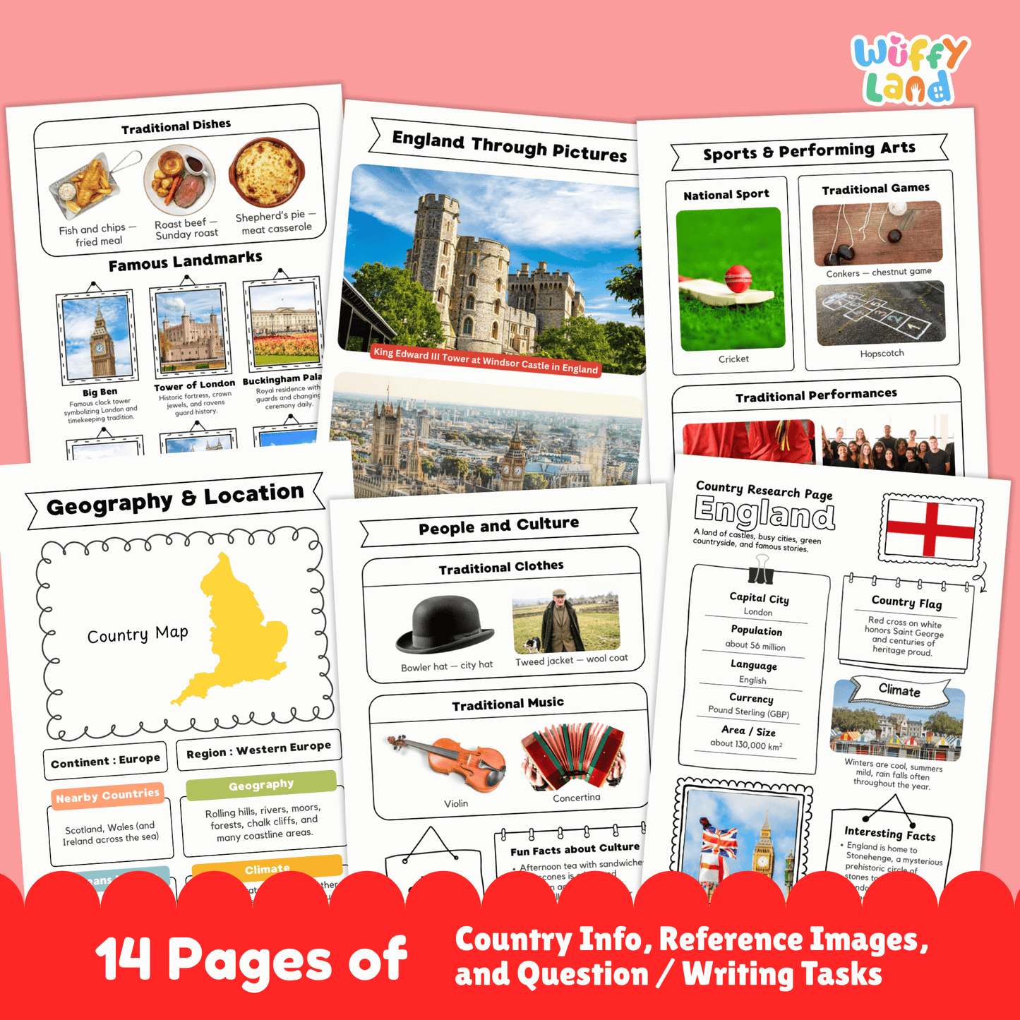 A printable England country research project for students featuring worksheets with key facts such as the capital city, population, language, currency, and climate. The image includes England’s flag, a country map, traditional clothing and music, sports and cultural activities, traditional foods, and famous landmarks designed for classroom learning and educational use.