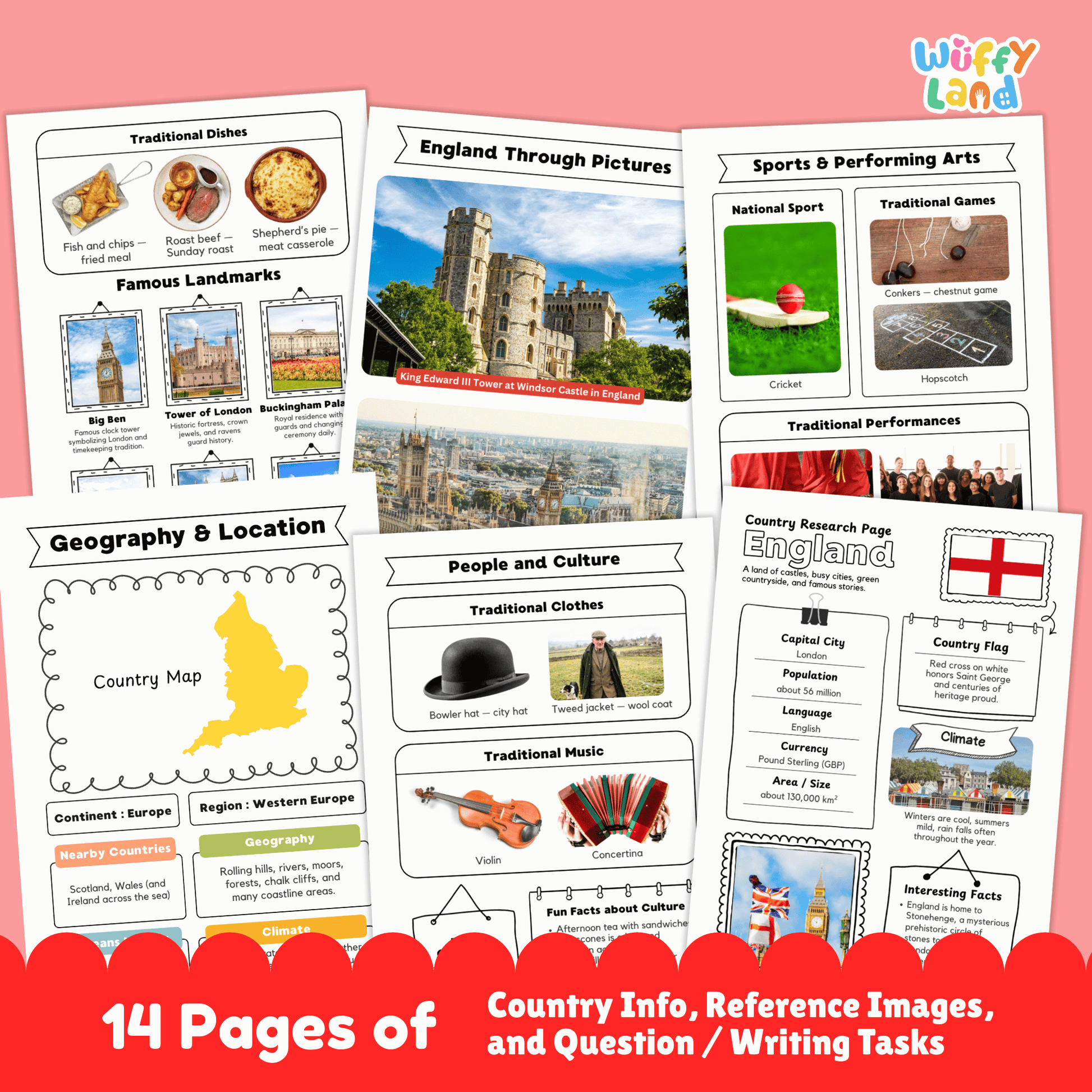 A printable England country research project for students featuring worksheets with key facts such as the capital city, population, language, currency, and climate. The image includes England’s flag, a country map, traditional clothing and music, sports and cultural activities, traditional foods, and famous landmarks designed for classroom learning and educational use.