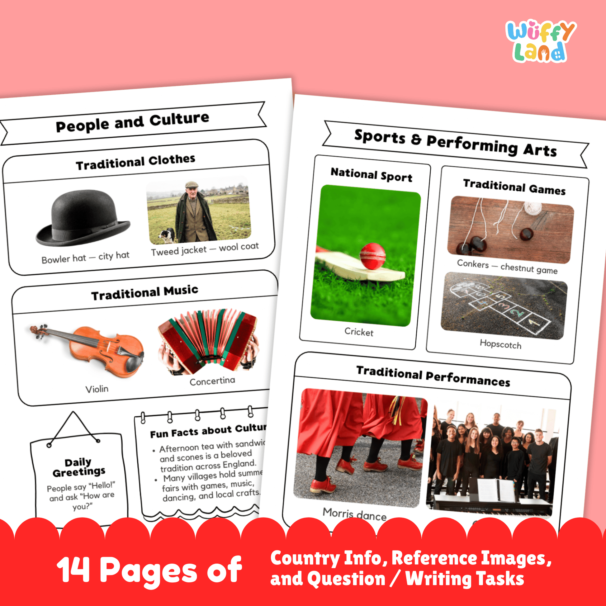 A printable England country research project for students featuring worksheets with key facts such as the capital city, population, language, currency, and climate. The image includes England’s flag, a country map, traditional clothing and music, sports and cultural activities, traditional foods, and famous landmarks designed for classroom learning and educational use.