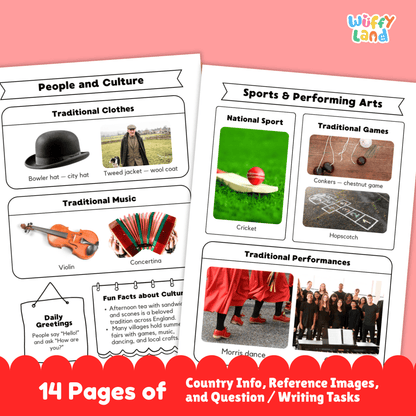 A printable England country research project for students featuring worksheets with key facts such as the capital city, population, language, currency, and climate. The image includes England’s flag, a country map, traditional clothing and music, sports and cultural activities, traditional foods, and famous landmarks designed for classroom learning and educational use.