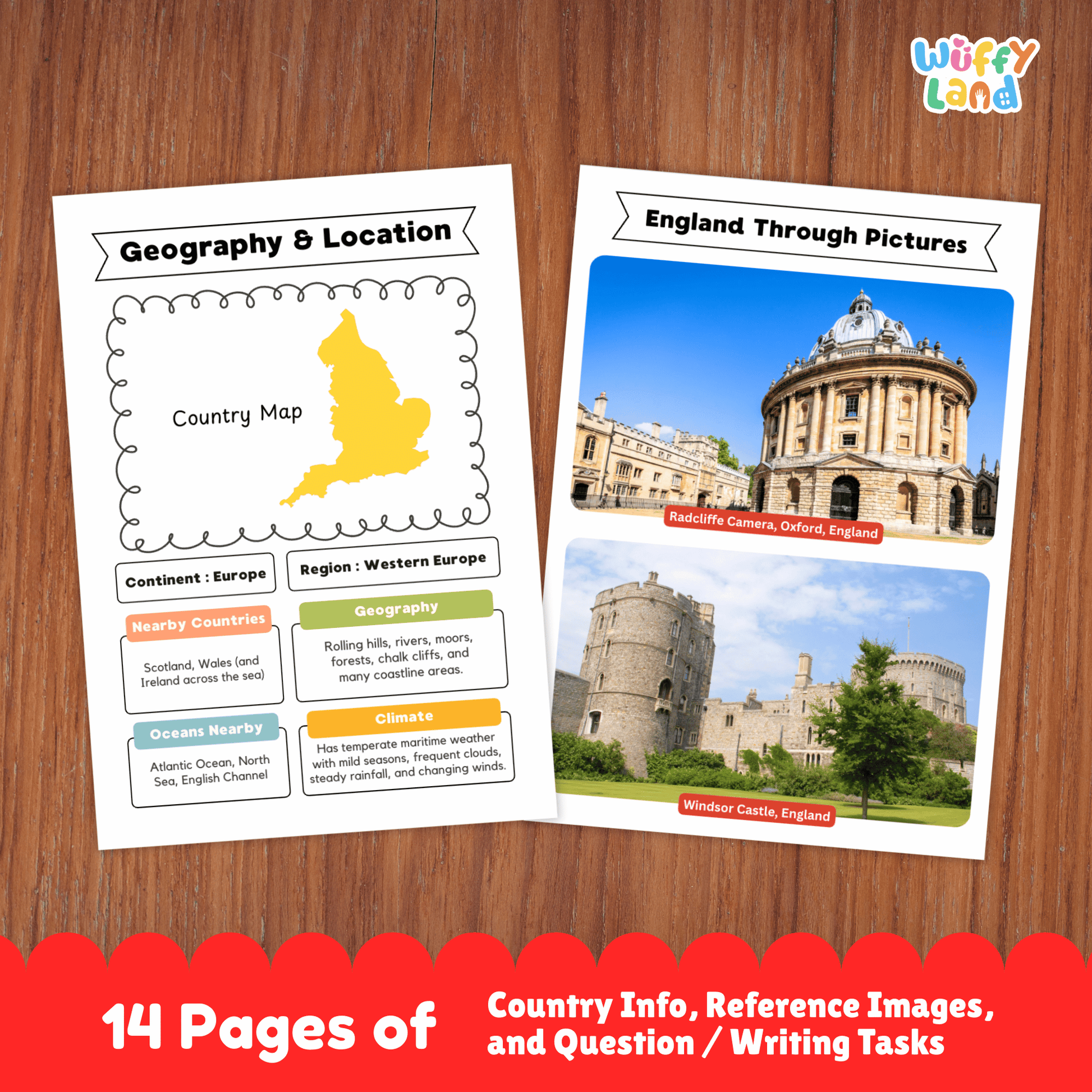 A printable England country research project for students featuring worksheets with key facts such as the capital city, population, language, currency, and climate. The image includes England’s flag, a country map, traditional clothing and music, sports and cultural activities, traditional foods, and famous landmarks designed for classroom learning and educational use