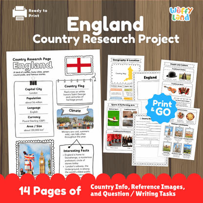England Country Research Project | Geography Worksheets and Writing Tasks