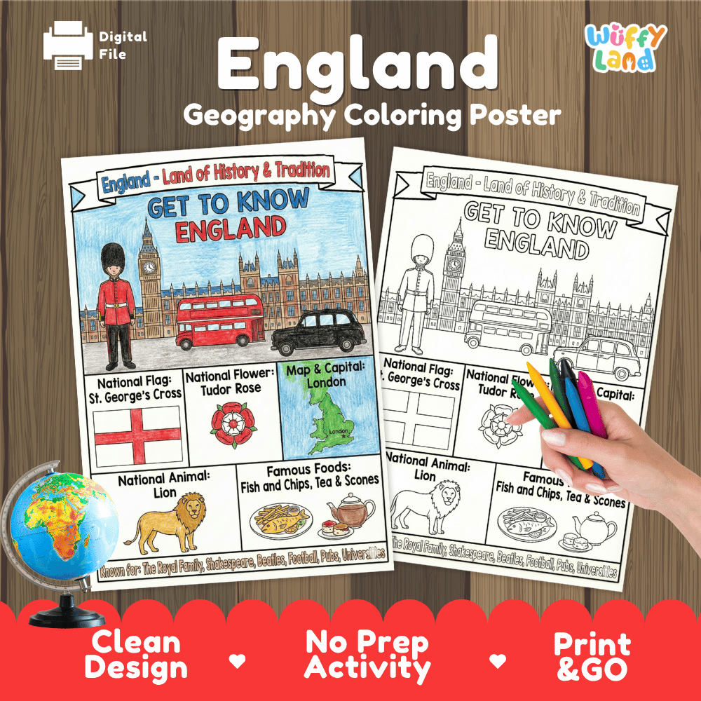 England Geography Coloring Poster and Fact Sheet Printables