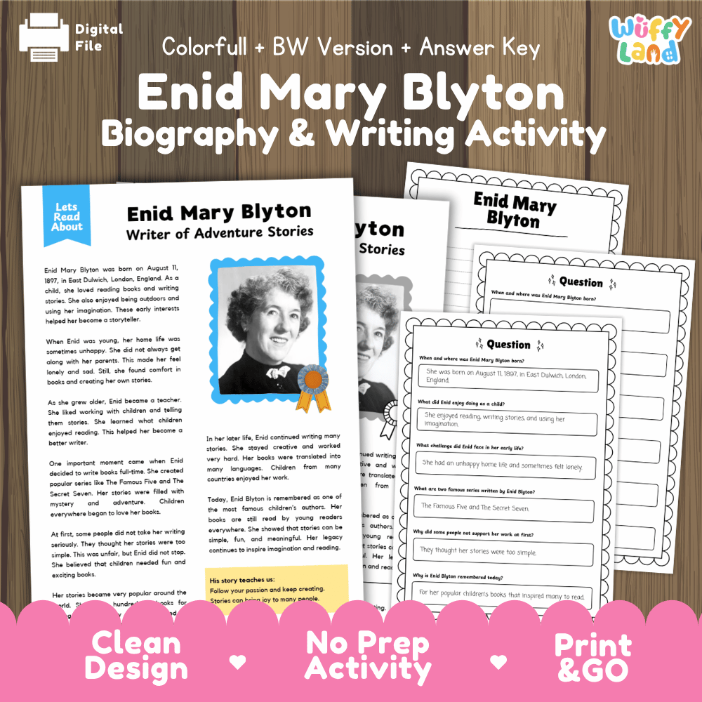 Enid Mary Blyton biography and writing activity pack cover featuring reading passage sheets, questions, and answer keys
