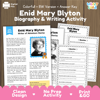 Enid Mary Blyton biography and writing activity pack cover featuring reading passage sheets, questions, and answer keys