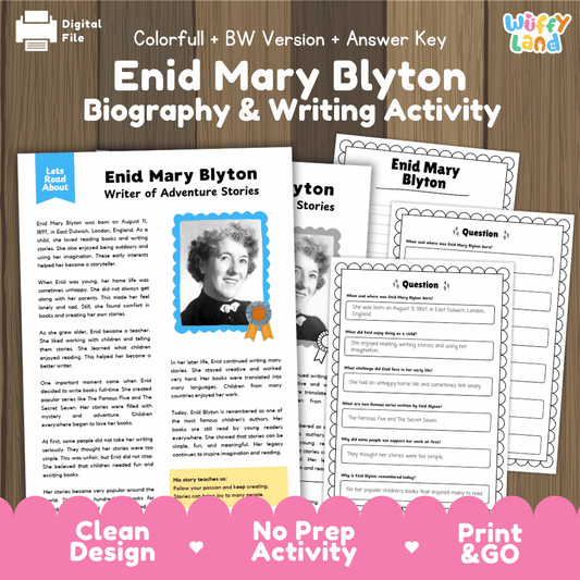 Enid Mary Blyton biography and writing activity pack cover featuring reading passage sheets, questions, and answer keys