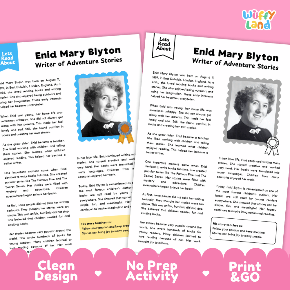 Student reading comprehension question worksheet paired with a completed teacher answer key sheet about Enid Blyton