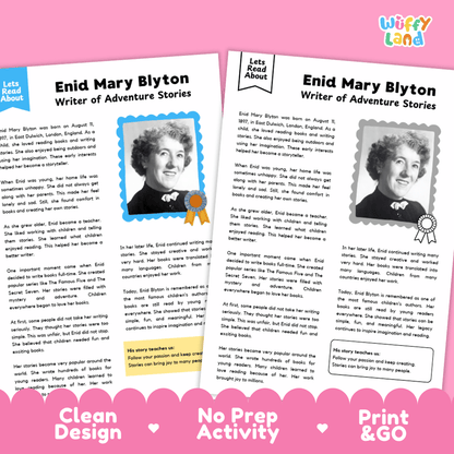 Student reading comprehension question worksheet paired with a completed teacher answer key sheet about Enid Blyton
