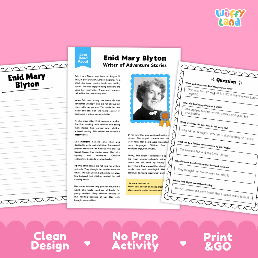 Educational biography passage titled Enid Mary Blyton Writer of Adventure Stories with author portrait and life facts