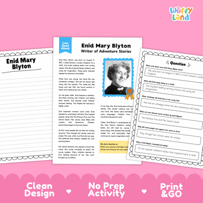 Educational biography passage titled Enid Mary Blyton Writer of Adventure Stories with author portrait and life facts