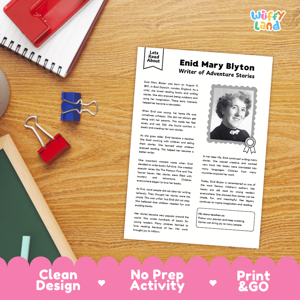 Student reading comprehension question worksheet paired with a completed teacher answer key sheet about Enid Blyton